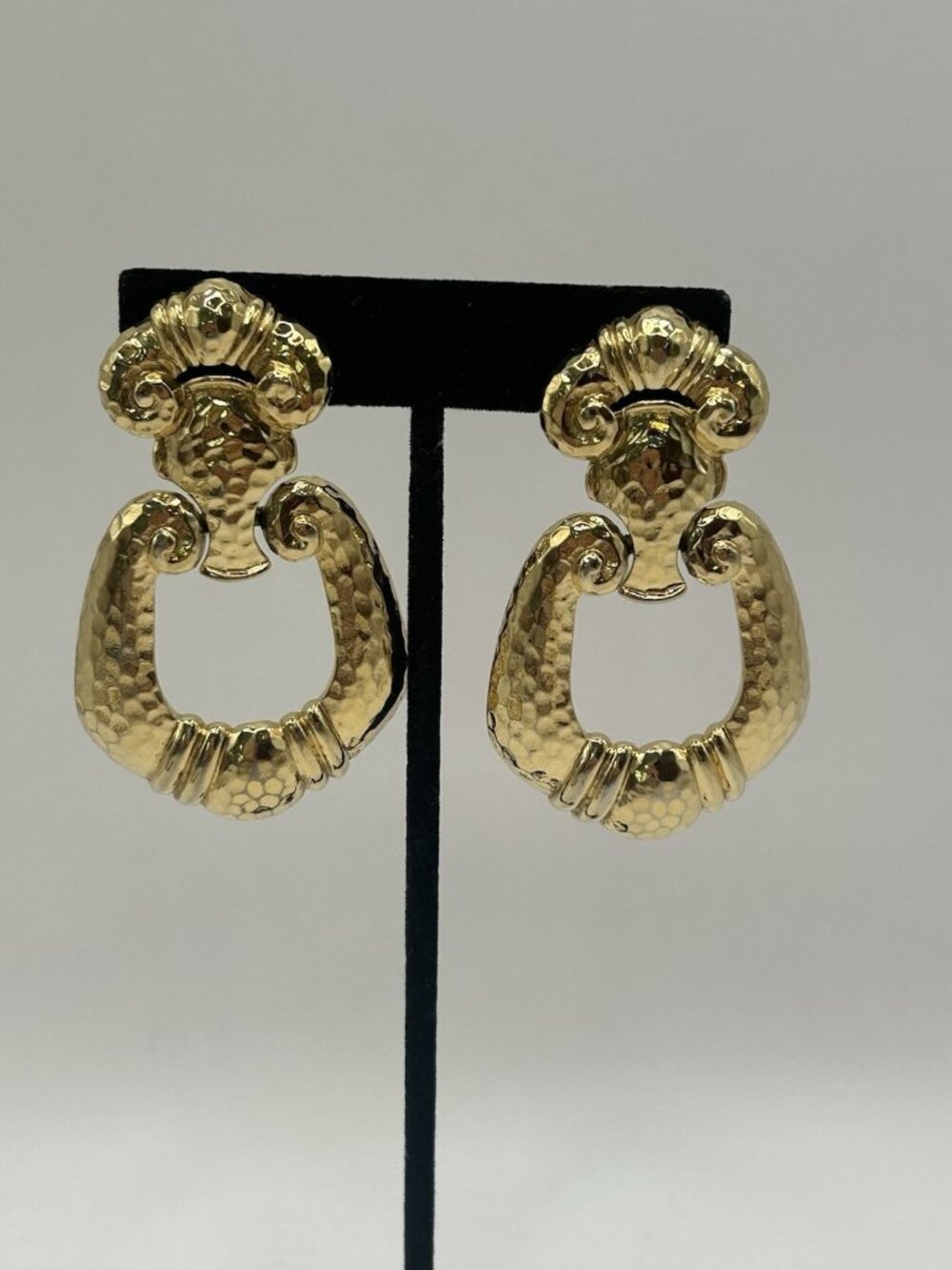 Vtg Jose Barrera Avon Earrings Gold Tone Clip On Door Knocker Dangle 2 1/2" Bold